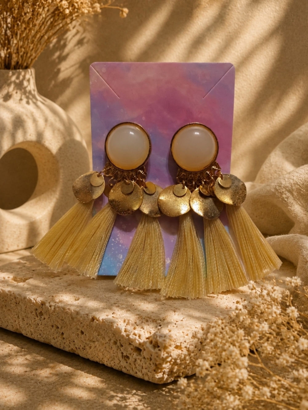 Gold-Tone Tassel Drop Earrings with Cream Colored Circle